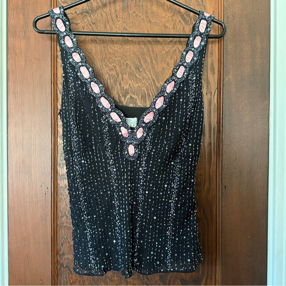 Cache Black Sequin Embellished Sleeveless Tank Top